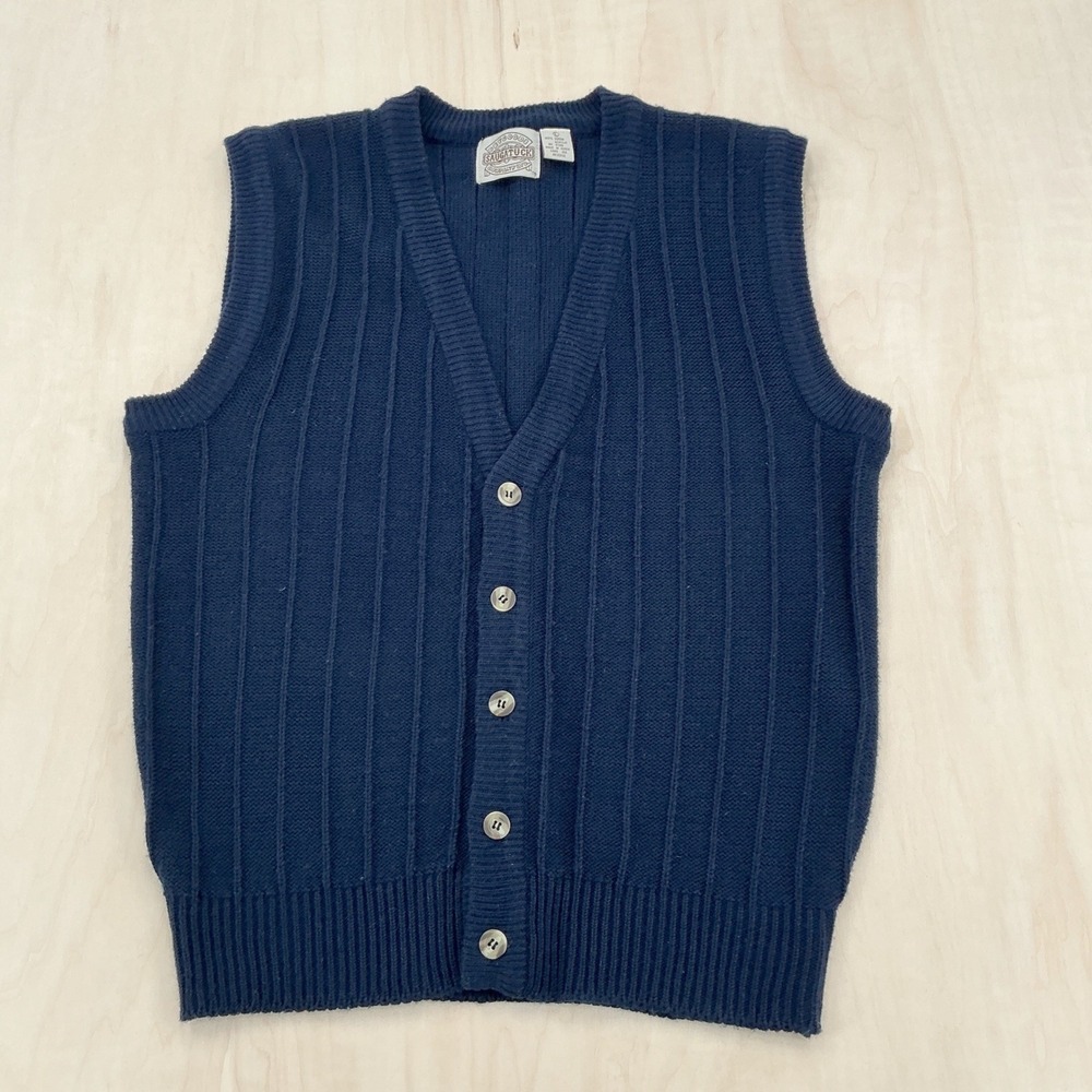 Vintage Knit Cardigan Vest Mens Large Navy Blue Ribbed Acrylic Grandpacore